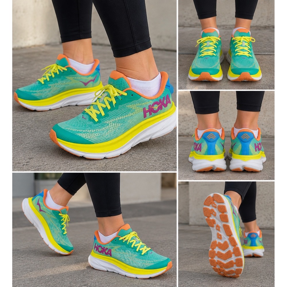 Hoka Clifton 9 Running Shoes Ceramic Evening Primrose Teal Yellow Men size 7MD